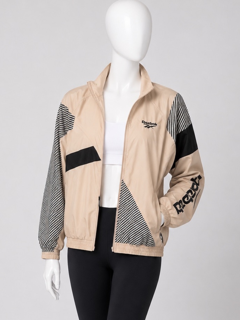 Reebok Beige and Black Colorblock Bomber Jacket